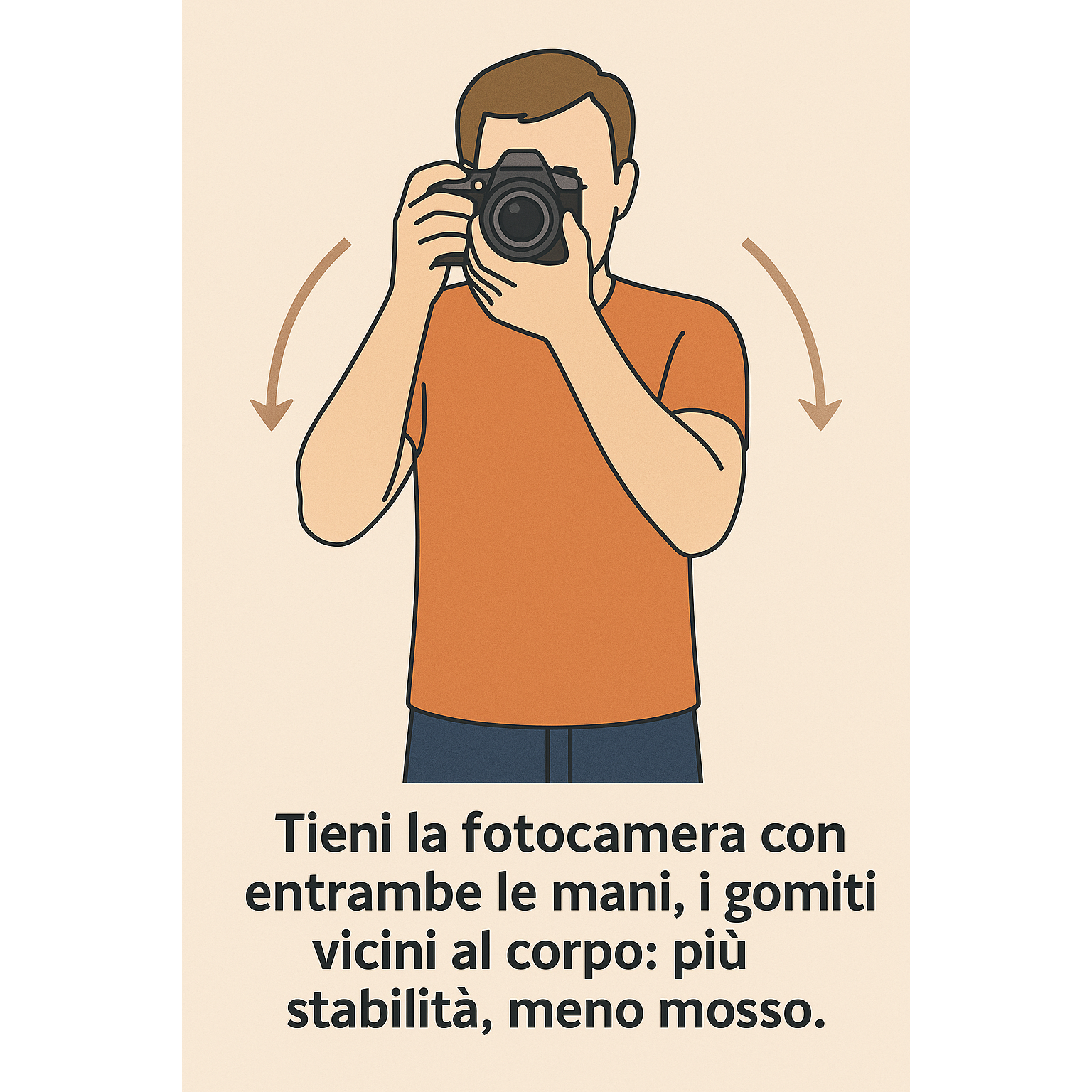 Corretta impugnatura fotocamera - Tieni la fotocamera con entrambe le mani, i gomiti vicini al corpo: più stabilità, meno mosso.