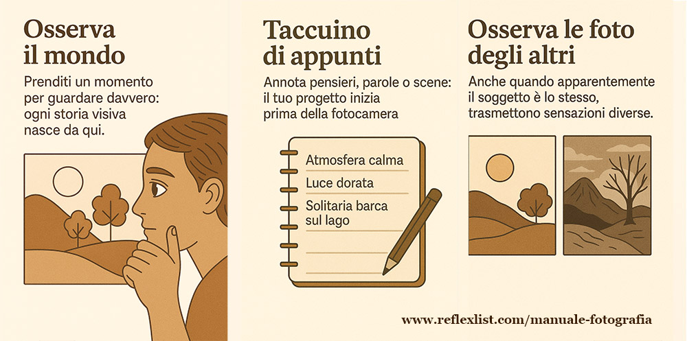 Osserva il mondo; osserva le foto degli altri; prendi appunti su un taccuino