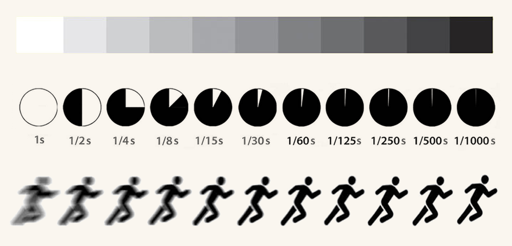 Questa scheda rappresenta il rapporto tra scelta del tempo, la quantità di luce in ingresso e la resa del soggetto: scegliendo 1 secondo si fa entrare tanta luce ma il soggetto risulta mosso; scegliendo 1/1000 si fa entrare pochissima luce ma si blocca quasi ogni tipo di movimento.