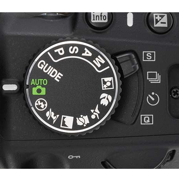 Un esempio di Ghiera delle modalità Nikon in cui sono evidenti i simboli dei programmi creativi e scena.