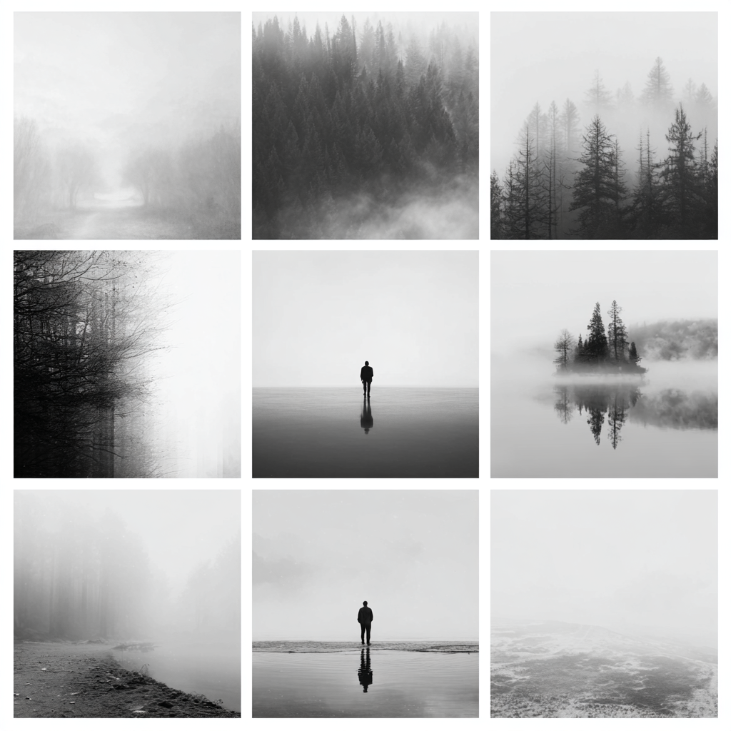 Una griglia di fotografie con nebbie eteree, paesaggi  astratti, figure solitarie ridotte a simboli, sagome evanescenti tra gli alberi e riflessi liquefatti. Una palette di grigi, dove la luce scolpisce lo spazio come pennellate rende la natura come studio metafisico, tra assenza e artificio