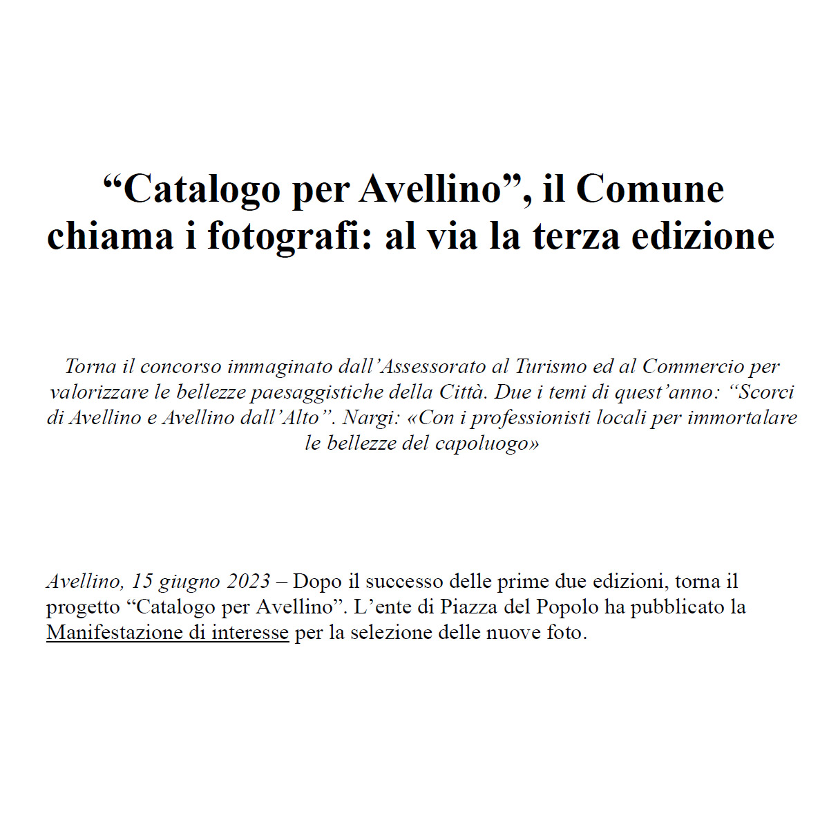 Concorso fotografico gratuito “Catalogo per Avellino”